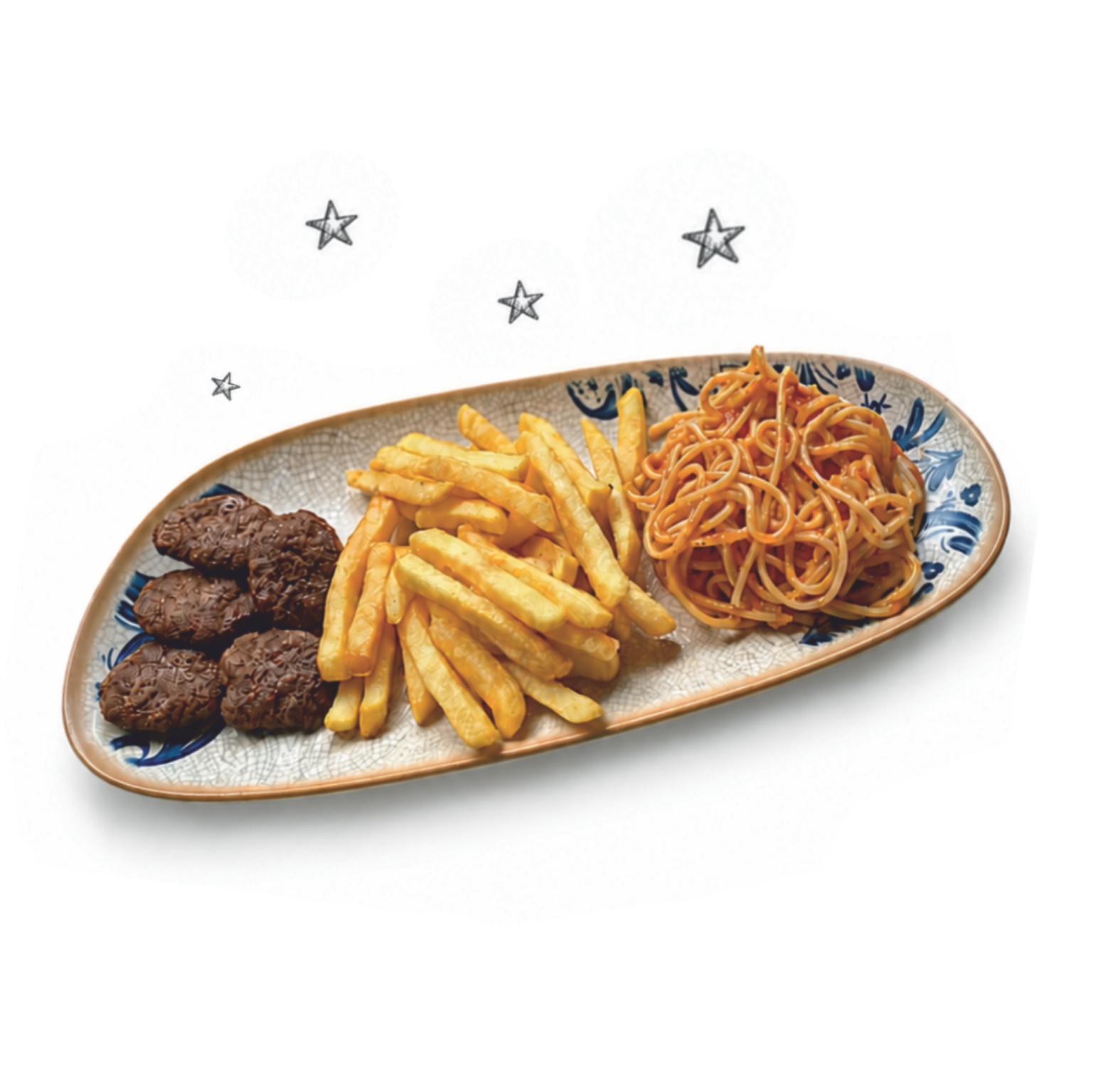Children’s menu: beef tenderloin meatball, onion, sauced pasta and finger fries