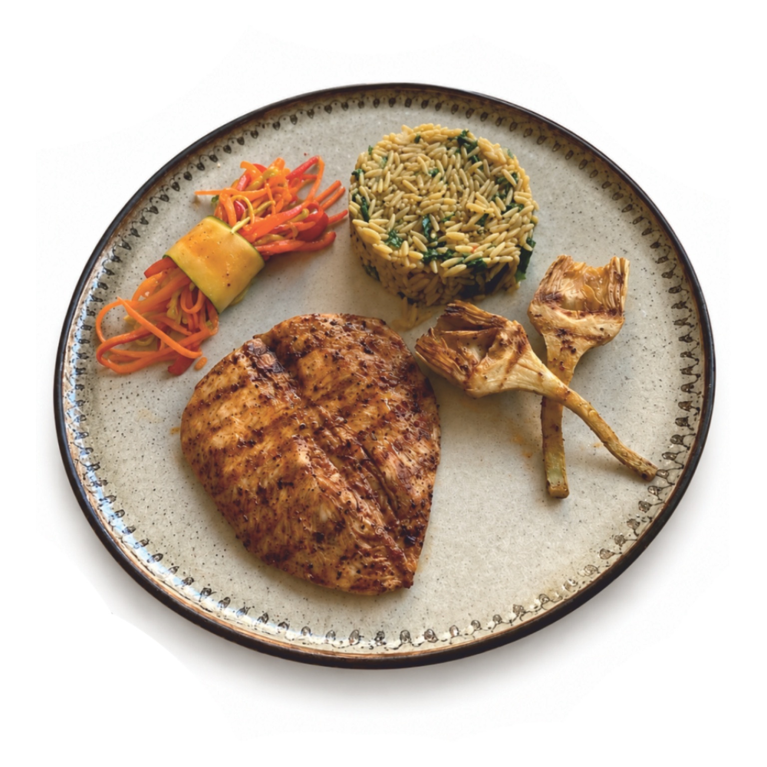 Grilled chicken with baby artichokes