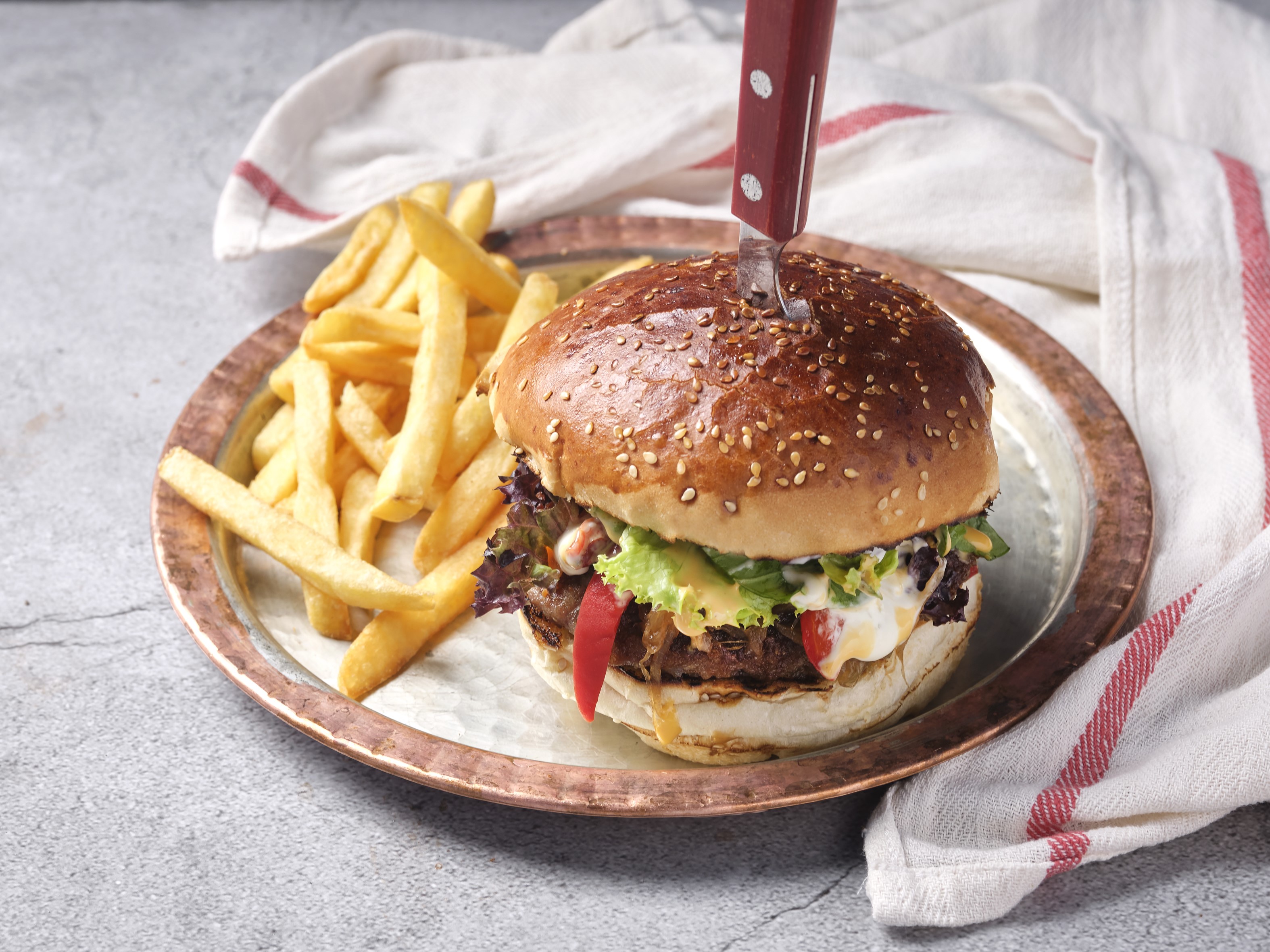 Beef and lamb burger with French fries